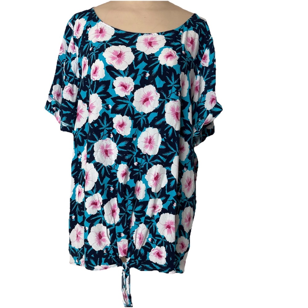 Westport Womens Top T-shirt 3X Floral Rayon Tie front button up back blouse